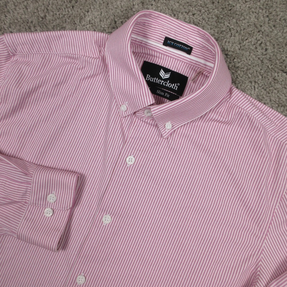 Buttercloth Shirt Mens Medium Pink Striped Icy Cotton Slim Fit Button Up